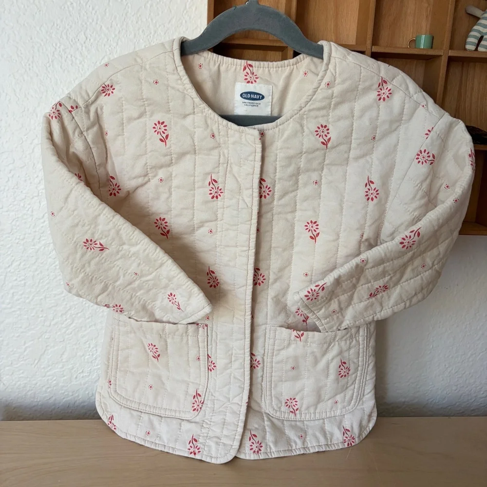 Old Navy Girls Floral Quilted Jacket - Cream with Pink Floral Print